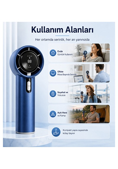 100 Kademeli Dijital Göstergeli Şarjlı El Fanı Mavi Taşınabilir Yüksek Hızlı Mini Lacivert