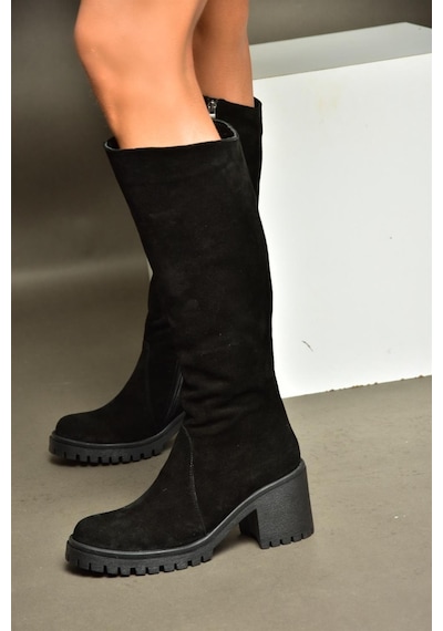Fox Shoes R654047702 Siyah Hakiki Deri Süet Kalın Topuklu Kadın Çizme Siyah