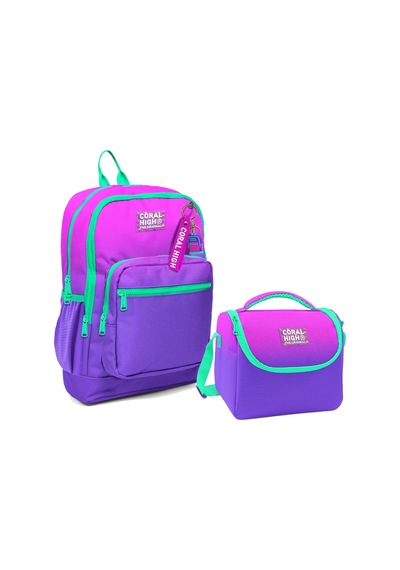 Coral High Dört Bölmeli Kız Çocuk Okul Sırt Çantası ve Beslenme Seti - Pembe Mor Renk Geçişli
