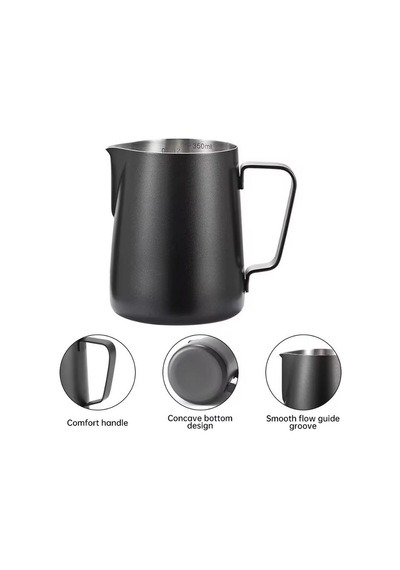 304 Çelik 350 Ml Siyah Teflon Kaplama Kahve Süt Köpürtme Potu Sütlük Pitcher
