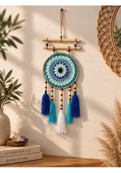 Nazar Motifli Düş Kapanı Rüya Kapanı Dream Catcher Mavi Püsküllü Bohem Duvar Süsü Bohem El Yapımı Düş Kapanı