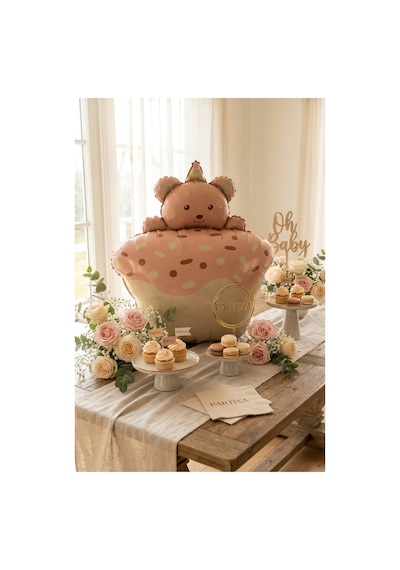 Ayıcık Figürlü Pembe Retro Cupcake Folyo Balon Baby Shower Doğum Günü Parti Süsü Çok Renkli
