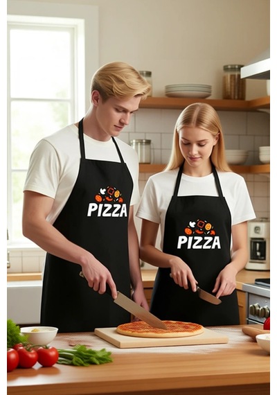 Unisex Mutfak Önlüğü Pizza Baskılı Grafik Desen Aşçı Rahat Kesim Siyah