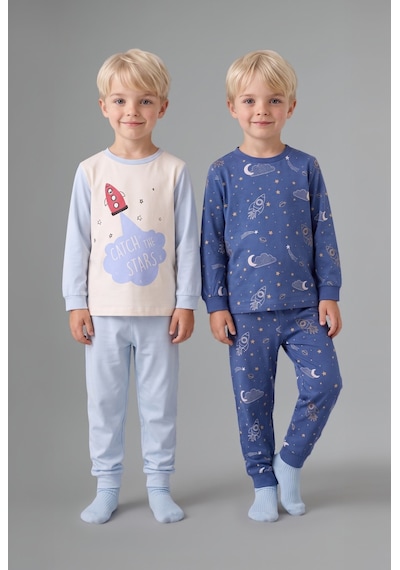 Defacto Uzay Desenli Uzun Kollu Üst Lastikli Paça 4lü Pijama Takımı Erkek Bebek I1441a526aube343 Mavi-be343