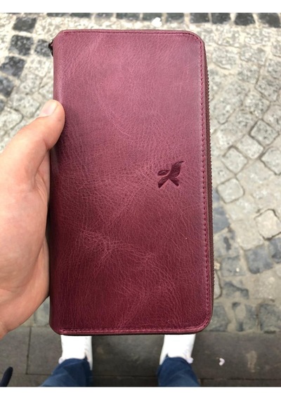 Karalı Deri Unisex Bordo Hakiki Deri Telefon Bölmeli Kartlıklı Cüzdan El Portföyü Bordo