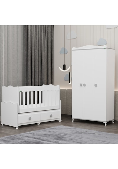 Elegant Beşik Ve Yıldız 3 Kapaklı Dolap - Gri Beyaz