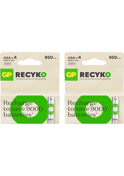 GP ReCyko 1000 Serisi 950 mAh AAA Ni-MH Şarj Edilebilir İnce Kalem Pil 4 x 2'li