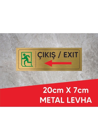Çıkış Exıt Sola Yazılı Ve Logolu Gold Metal Levha 20 X 7 Cm