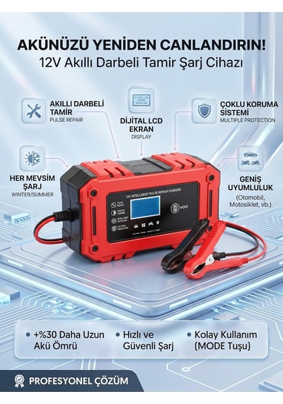 Tr 12v 6a Akıllı Darbeli Akü Şarj Cihazı, Lcd Ekranlı, Profesyonel Onarım Modlu, Araba Motosiklet Uyumlu