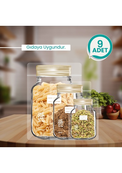 Altınyaldız Metal Kapaklı Kavanoz Görünümlü Saklama Poşeti 9 Adet 3 Büyük, 3 Orta, 3 Küçük