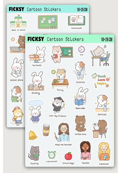Kawaii Stili Sevimli Hayvanlar Eğitim Öğretmen Temalı Sticker Seti - 40 Adet Etiket Çıkartma Diğer