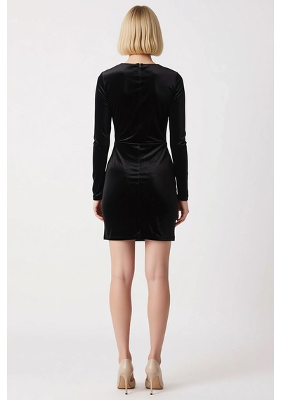 Benerly Kadın Kare Yaka Uzun Kol Bodycon Kalıp Örme Kadife Mini Elbise Fo Siyah
