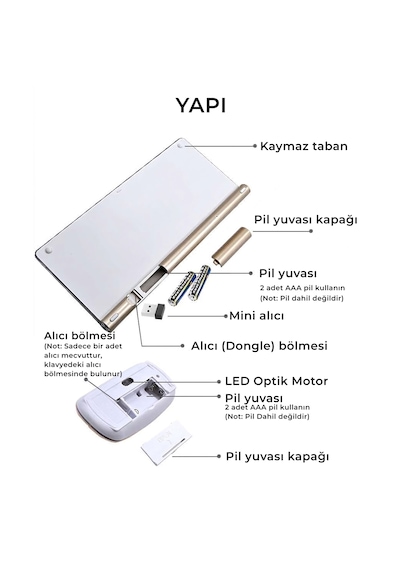 Premium Gold Klavye Mouse Seti - Sessiz Kablosuz Mini - Altın Serisi Optik