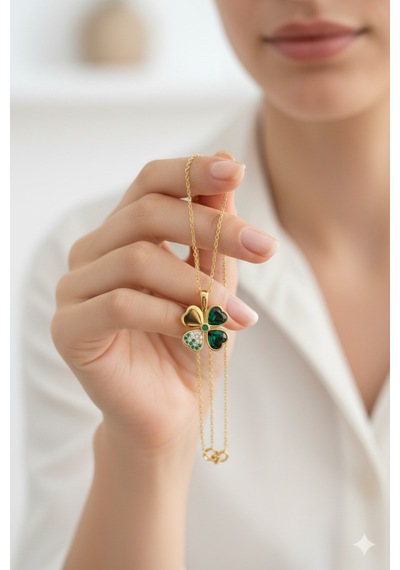 Çekirdekjewelry Zümrüt Işıltılı Dört Yaprak Yonca 925 Ayar Gümüş Kolye Sarı