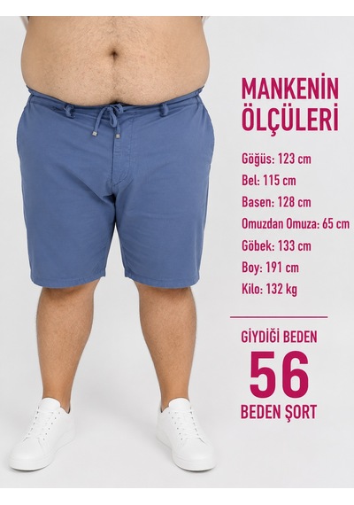 Büyük Beden Beli Lastikli Bağcıklı Fermuarlı Yan Cepli Likralı Erkek Şort Mavi