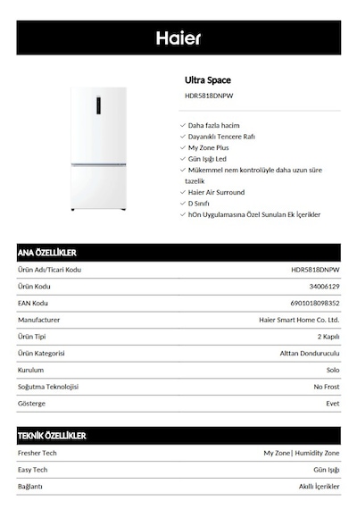 Haier HDR5818DNPW 640 L No Frost Alttan Donduruculu Buzdolabı