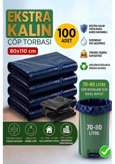 80x110 Cm Extra Kalın Siyah Endüstriyel Çöp Poşeti - 100 Adet / Ağır Hizmet Tipi