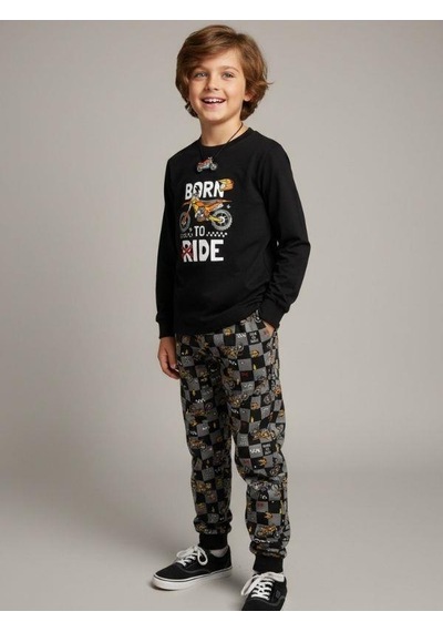 Zekids Erkek Çocuk Pamuklu Born To Ride Baskılı Pijama Takımı-16820 Siyah