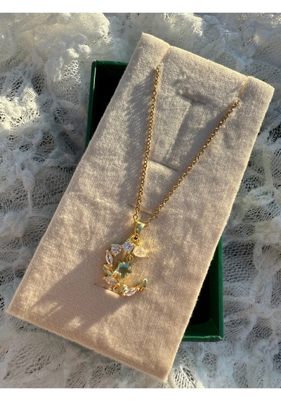 Işıltılı Taşlı Moon Floral Kolye Altın