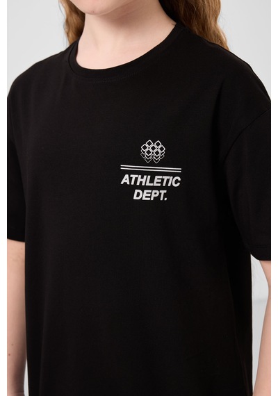 Siyah Pamuklu O Yaka Oversize Fit Baskılı Kız Çocuk T-shirt - 75178 Siyah
