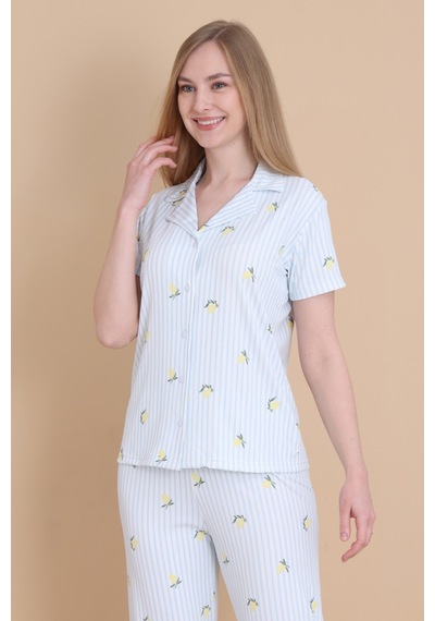 Wordex Mirano 9515 Çizgili Pegasus Pamuklu Kumaş Düğmeli Kısa Kolu Kadın Pijama Takımı Ekru Wordex Mirano 9515 Çizgili Pegasus Pamuklu Kumaş Düğmeli Kısa Kolu Kadın Pijama Takımı Ekru