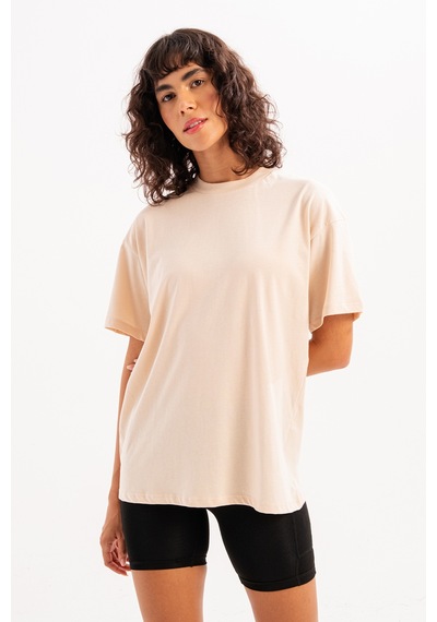 Justever 100% Pamuk Oversize Fit Bisiklet Yaka Bej Kadın T-shirt - Halo Bej