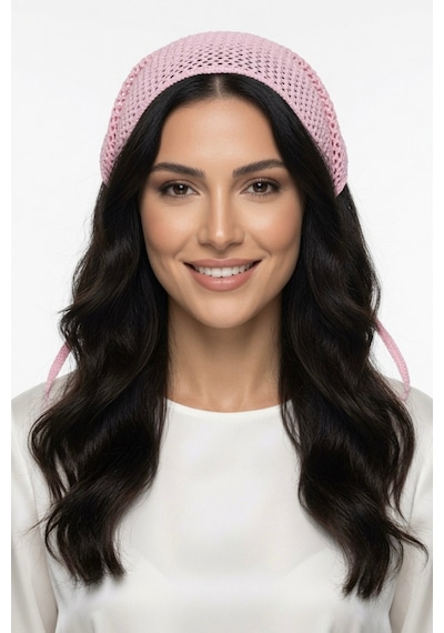Yazlık File Üçgen Pembe Bandana Örgü Saç Bandı Bohem Aksesuar Pembe