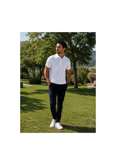 Luxıc Core Erkek Polo Yaka Beyaz Tişört Likralı Pike Kumaş Terletmez Slim Fit Günlük Şık Tasarım
