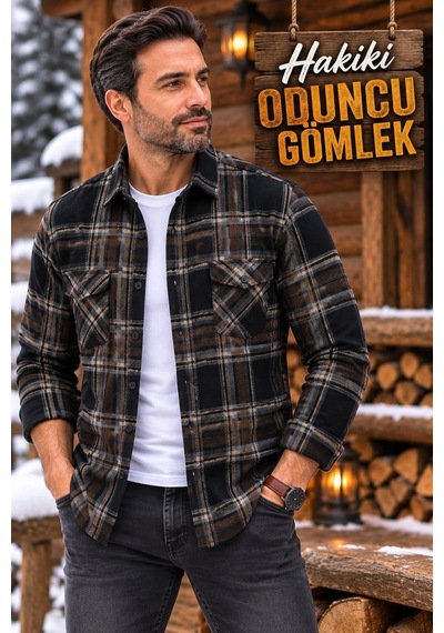 Eren Style Kışlık Pamuklu Kapaklı Cepli Düğmeli Yaka Hakiki Oduncu Gömlek Regular Kalıp Kahverengi