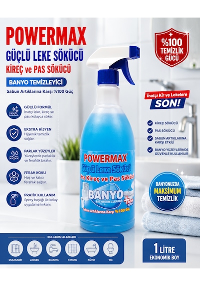 Powermax 2'li Güçlü Temizlik Seti 1000 Ml X 2 Banyo Kireç & Pas Sökücü + Yağ Ve Kir Sökücü Sprey Toplam 2000 Ml