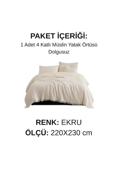 Natura Soft Ekru 4 Kat Müslin Çift Kişilik Yatak Örtüsü 220x230 Cm %100 Pamuk Çok Amaçlı Koltuk Örtüsü Ve Tv Battaniyesi Ekru