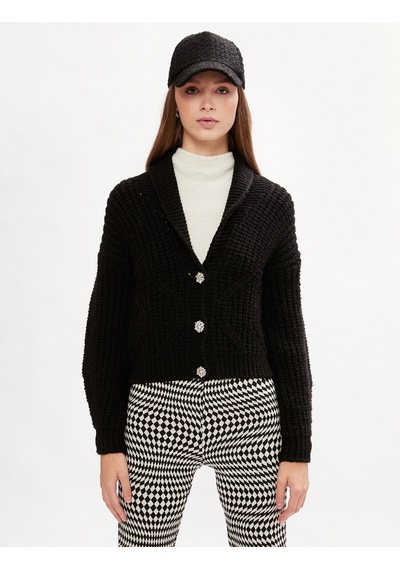 Koton Parlak Taş Düğmeli V Yaka Hırka Siyah 2wak90118ht