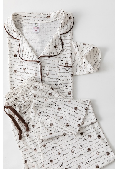 Nisanca Uzun Kol Gömlek Yaka Kadın Pinterest Pijama Takımı - Mevsimlik Kadın Pijama- Geniş Beden Aralığı Kahve