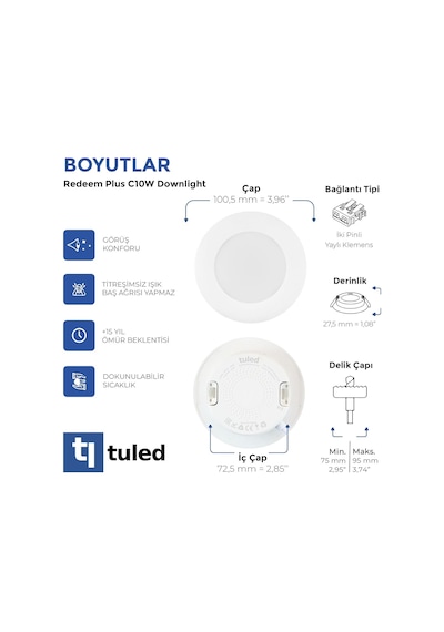 Redeem Plus C10w Downlight, Titreşimsiz, Göz Konforu, 657 Lümen, Ilık Beyaz, 3000 Kelvin