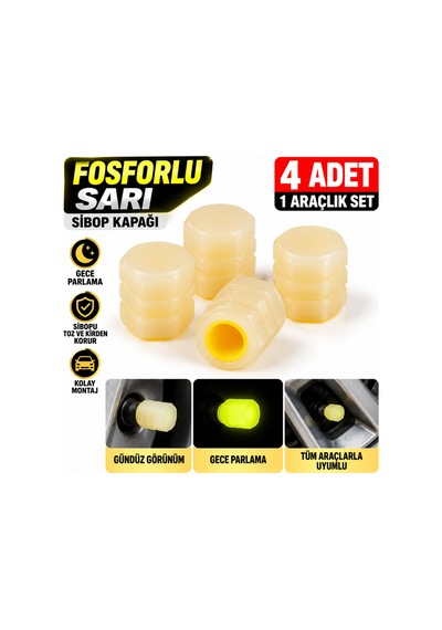 Fosforlu Sarı Sibop Kapağı 4'lü Set Gece Parlayan Araç Lastik Sibop Koruyucu Plastik Kapak - 939655235