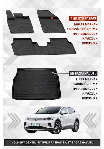 Sahler Volkswagen Id.4 2020+ Uyumlu 4.5d Premium Havuzlu Oto Paspas Ve Liner Marka 3d Üst Bagaj Havu