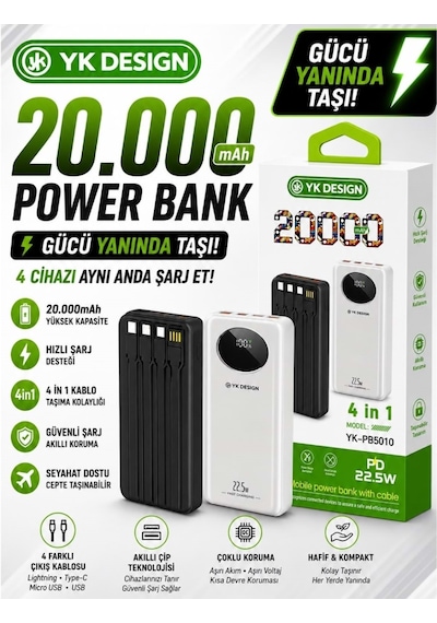 Yk Desıgn Pb-5010 20.000 Mah 22.5w Kendinden Kalolu Powerbank Siyah