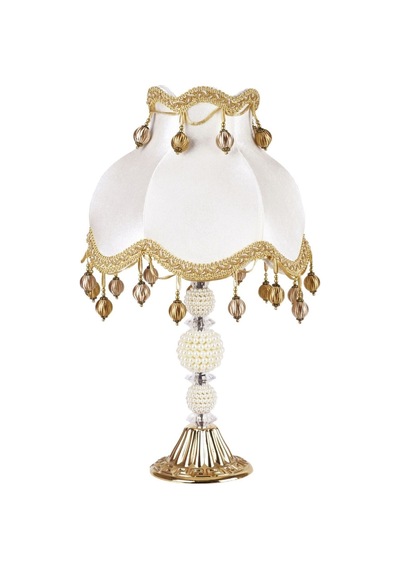Ekru Kadife Gold İşlemeli Ponponlu Başlık İncili Gold Metal Ayaklı Klasik Model Abajur 50x30cm