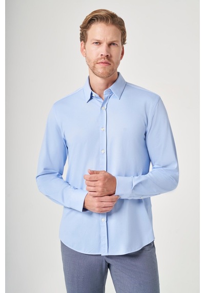 İmza Mavi Tulum Yaka Uzun Kol Cepsiz Örme Slim Fit Pamuklu Gömlek 1004260208 Koyu Mavi