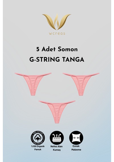 Wcreas Kadın İpli Tanga, Pamuklu Yumuşak Kumaş G-string Tanga 5'li Paket Somon Somon
