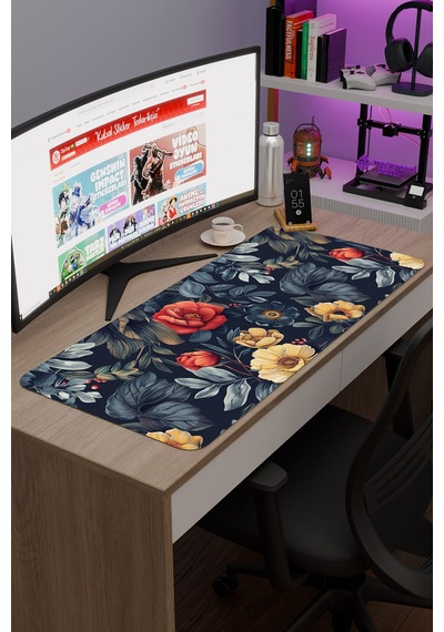Çiçek Desenleri Kaymaz Dikişli Kauçuk Oyuncu Mousepad V5 - 90x40 Xxl Gaming Mouse Pad Fare Altlığı
