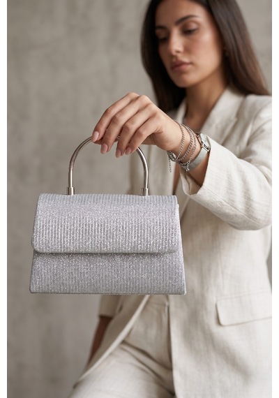 Vellabags Gümüş Parlak Detaylı Kadın Abiye Çanta Açık Gümüş