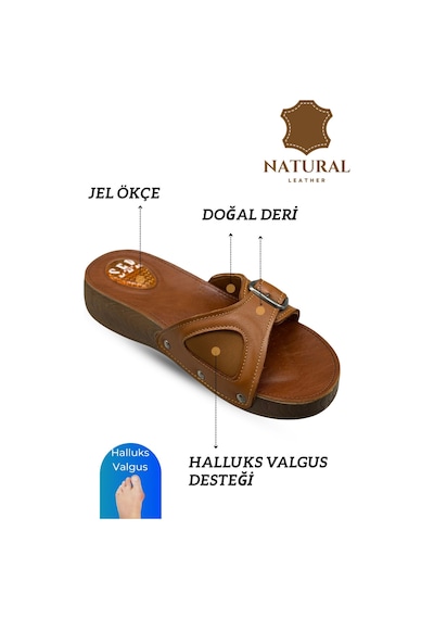 Sermoda Hakiki Deri Kadın Terlik - Halluks Valgus Destekli Jel Taban Kadın Terlik Taba