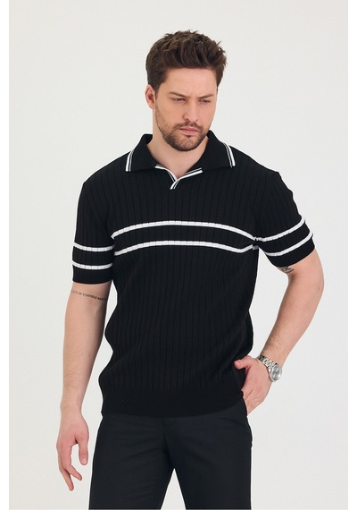 Cool Tarz Erkek Yaka Kol Göğüs Beyaz Çizgi Detaylı Siyah Triko T-shirt Siyah Siyah
