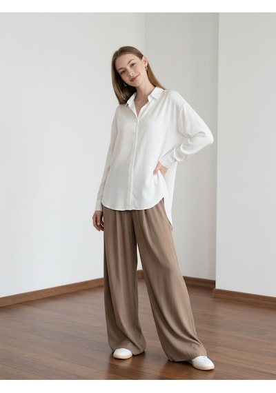 Pera Moda Oversize Arkası Uzun Tiril Tiril Viskon Kadın Gömlek Beyaz