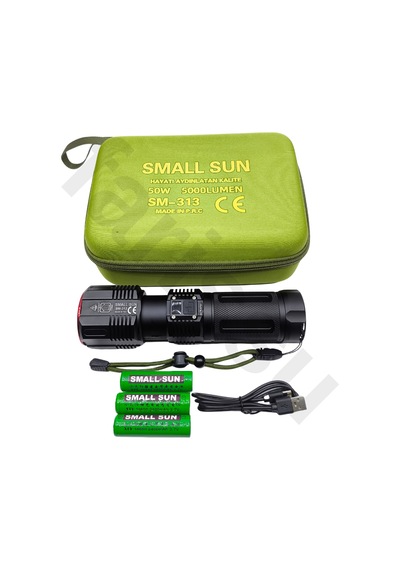 Sm-313 50w 5000 Lümen Profesyonel Şarjlı El Feneri - 1.5 Km Menzilli & 7200 Mah Güçlü Batarya Seti Siyah
