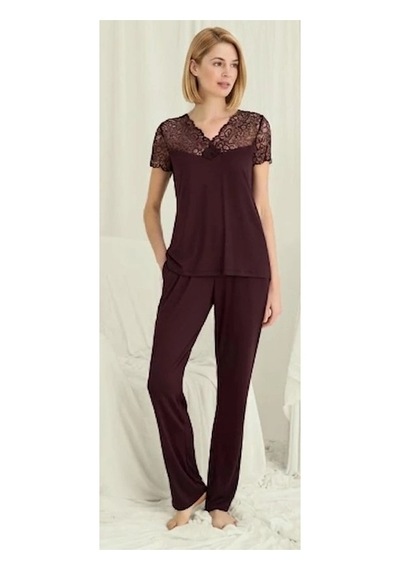 Biçomi Nefes Alan Viskon Kumaşlı, Dantel Detaylı Kısa Kollu & V Yaka Konforlu Pijama Takımı MÜRDÜM Biçomi Nefes Alan Viskon Kumaşlı, Dantel Detaylı Kısa Kollu & V Yaka Konforlu Pijama Takımı MÜRDÜM