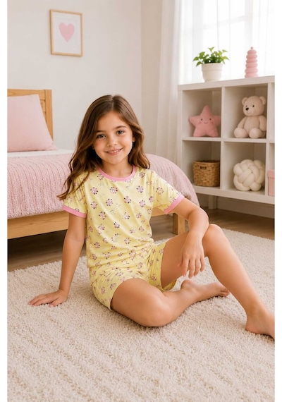 Tenra Kız Çocuk Pamuklu Şortlu Pijama Takımı 3-12 Yaş Sarı