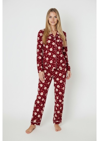 Luxury Soft Bordo Yılbaşı Desenli Uzun Kollu Kadın Pijama Takımı 3026 Kırmızı