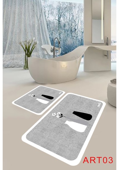 Eco Concept Banyo Paspası, Kaymaz Taban, Çiçek Desenli, Klozet Ta Gri - Beyaz